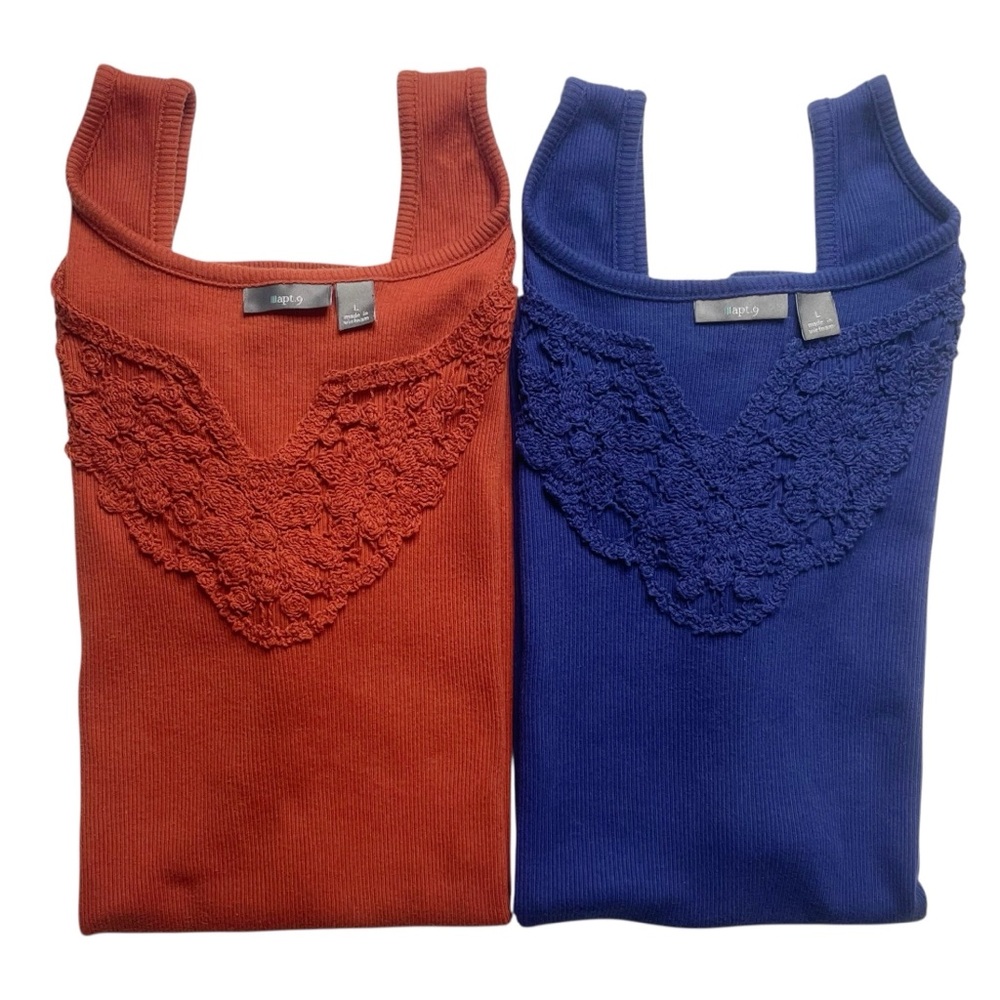 2 Cotton Boho Tank Tops Crochet Tees Autumn Rust + Blue Rib T-shirt Apt 9 Size L